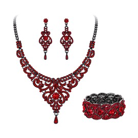 EVER FAITH Stunning Crystal Double Leaf Wedding Chandelier Jewelry Set Costume Party Vase Necklace Pierced Earrings Stretch Bracelet Set For Women Red Black-Tone