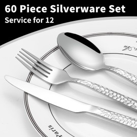 60-Piece Hammered Silverware Set, Food-Grade Stainless Steel Flatware Set for 12, Cutlery Set, Home Kitchen Utensil Set, Include Knifes Forks and Spoons Silverware Set, Mirror Finish, Dishwasher Safe