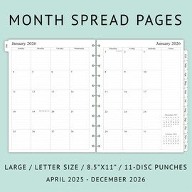 newestor 2025-2026 Monthly Planner Refill for 11-Discbound Notebooks, Apr 2025 to Dec 2026, Two Pages Per Month, Letter Size, 8-1/2" x 11"