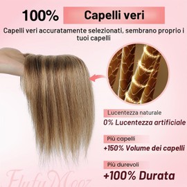 Flufymooz - Parrucche con base di seta in capelli umani reali per donne, 25 cm con clip e frangia, 100% capelli umani per capelli sottili, copertura per capelli con densità 150% - Marrone medio con