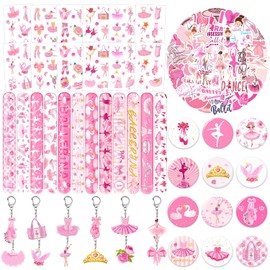 98 PCS Ballerina Dance Party Favors, Ballet Themed Bracelets, Temporary Tattoos Stickers Keychains Badges for Kids and Women Birthday Decorations and Supplies