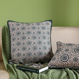 patdrea Designer Throw Pillow Covers,Square Green Vintage Rustic Linen with Abstract Geometric Floral Pattern Pillow Cover,Decorative Pillowcases Cushion for Bed Living Room