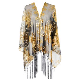 L'VOW Women's Glittering 1920s Scarf Mesh Sequin Wedding Cape Fringed Evening Shawl Wrap(Gold and Black)