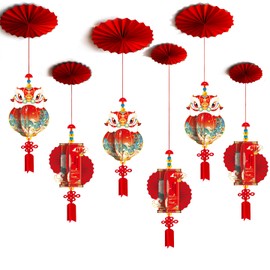 Adurself 2026 Year of The Horse Hanging Paper Fan Decorations, 6-Pack 3D Lion Head Lantern & Scroll Ornaments for Chinese New Year, Office, Store, Mall Spring Festival Decor