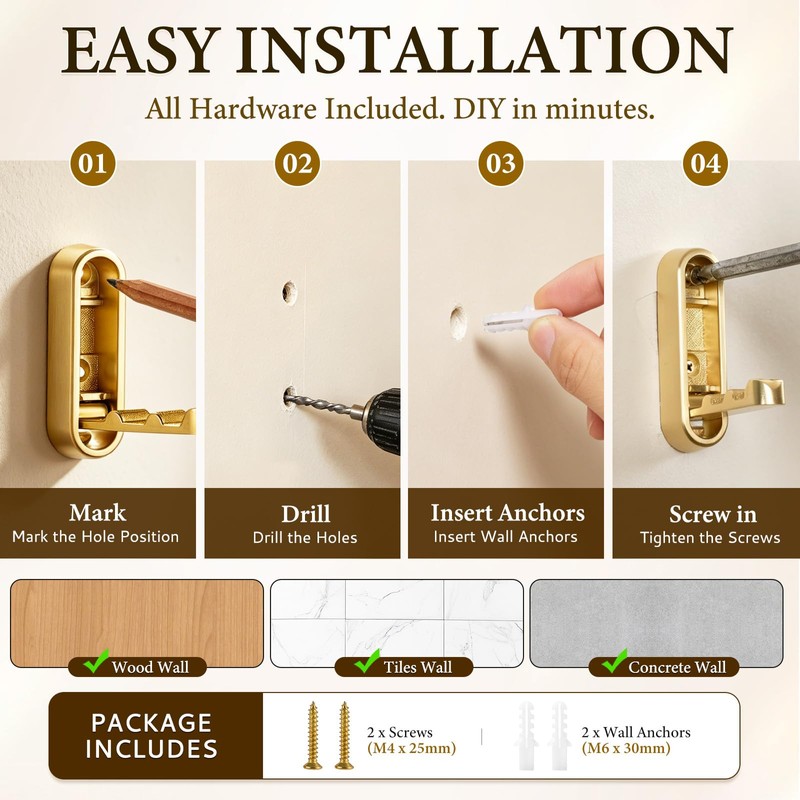 Folding Wall Hooks, 2 Pack Gold Heavy Duty Coat Hooks,