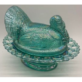 Covered Turkey Dish w/Lacey Base - American Made - Mosser Glass USA (Teal Carnival)