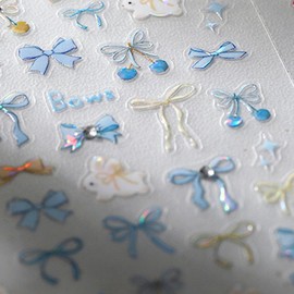 5D Embossed Bow Nail Stickers Blue Bow Nail Art Stickers Self-Adhesive Rabbit Nail Decals Ribbon Nail Stickers with Rhinestone Design Spring Summer Nail Supplies for Women Girls DIY Manicure