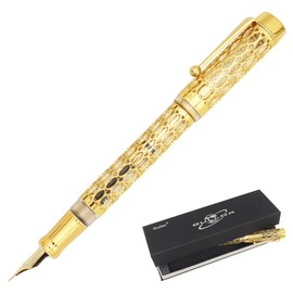 Gullor Openwork Gold Fountain Pen with Gift Box, Screw Cap, Transparent Barrel, Medium Nib