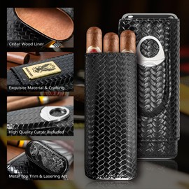 TORIIOSHY Leather Cigar Travel Case, Cedar Wood Lined Portable Cigar Humidor Box with Stainless Steel Cigar Cutter, 3-Finger Cigar Holder Accessories for Men