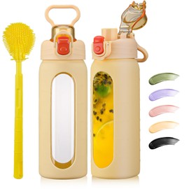 SIEROZUR 20oz Borosilicate Glass Water Bottle with Flip Lid and Silicone Sleeve Reusable Drinking Bottle with Handle for Coffee,Tea and Water,BPA-free Dishwasher Safe