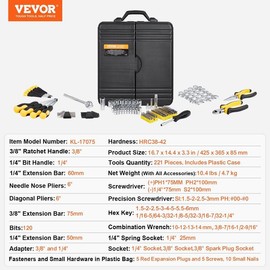 VEVOR Mechanics Tool Set and Socket Set, 1/4" 3/8" 1/2 Drive Deep and Standard Sockets, 145/205/450 Pcs SAE and Metric Mechanic Tool Kit with Bits, Combination Wrench, Hex Wrenches, Accessories, Storage Case:_1/4"、3/8" - 221 Pcs