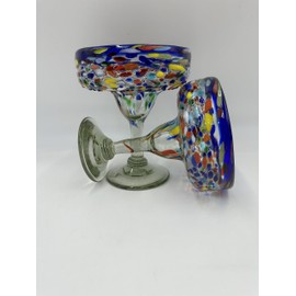Set of 2 Blue Rim Margarita Glasses, Handblown in Mexico Strong & Sturdy Pebbled Glasses