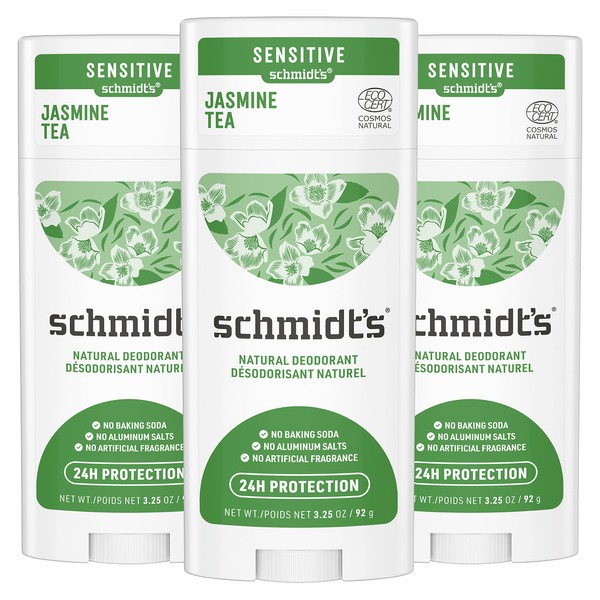 Schmidt's Aluminum Free Natural Deodorant for Women and Men, Jasmine Tea for Sensitive Skin with 24 Hour Odor Protection, Certified Cruelty Free, Vegan Deodorant, 3.25 Ounce (Pack of 3)
