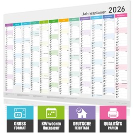 XXL Annual Calendar 2026 - Wall Calendar - Year Planner A1 (84 x 59 cm), Wall Planner with Calendar Weeks, Holidays - Large Format Calendar for Office, Family and School, Wall Calendar, Poster