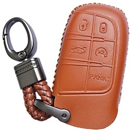 Alegender 5Button Leather Key Fob Cover Case Protector Bag for Jeep Grand Cherokee Chrysler 200 300 Dodge Durango Charger Challenger Journey Fiat Keyless Entry