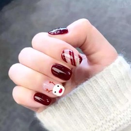 Christmas Press on Nails Short Square Wine Fake Nails with French Tip elk Design Silver Glitter Line False Nails Snowflake Artificial Nails Red Full Cover Glue on Nails for Women DIY Winter Nails