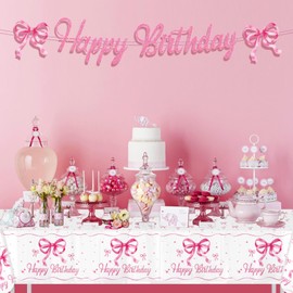 PHOGARY Coquette Birthday Party Decorations 3pcs Pink Bow Tablecloths, Girls Women Pink Bow Birthday Party Decorations Table Cloth, Disposable Plastic Coquette Tablecovers