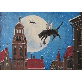 5x7 PRINT OF PAINTING RIGA RYTA XMAS BLACK CAT ANGEL VINTAGE STYLE FOLK ART MOON