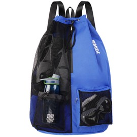 WANDF Swim Bag Mesh Drawstring Backpack with Wet Pocket Beach Backpack for Swimming, Gym, and Workout Gear(XL-Navy Blue)