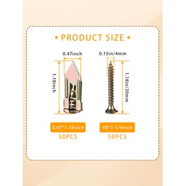 Self Drilling Drywall Anchors with Screws Kit 100Pcs- 50 Sheetrock Anchors (0.47x1.18 Inch)& 50 Zinc Expansion Screws New Upgraded Zinc Plated Steel No Drill or Holes in Wall for Wall Hanging,Cabinets