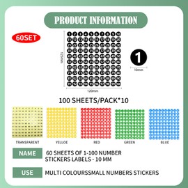 PLATEYTR number stickers, 60 sheets of 1-100 number stickers labels - 10 mm, multi colourssmall numbers stickers