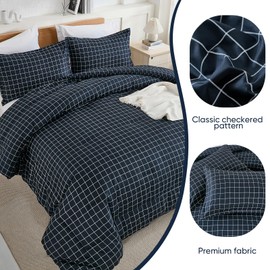 Navy Plaid Comforter Set Queen Size, 3 Pieces Blue Grid Checkerd Pattern Bedding Set, Reversible Down Alternative Geometric Lightweight Comforter with 2 Pillowcases for All Season (King, Navy Blue)