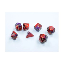 Wondertrail Purple and Red Gemini Mini Dice with Gold Colored Numbers 10mm (3/8in) Set of 7
