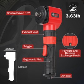 XIIW 1/2'' Angle Impact Wrench, Max Torque 910 ft-lbs, Compact Lightweight 3.63 lb Design, Heavy Duty 7500RPM 1/2 Mini Air Impact Gun Driver, Twin Hammer Pneumatic Tool