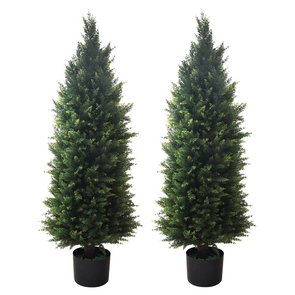 Artificial Topiary Tree 2-Set - Beautiful Realistic Faux Cedar Pines, 4 Feet Tall, UV Protection for Longer Life, Durable 6" Wide Heavy Duty Pots for Outdoor & Indoor Decor