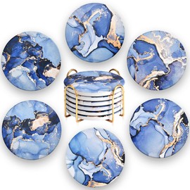 CoColemon Navy Blue Absorbent Coasters Set of 6, Marble Abstract Coaster with Holder, Home Coffee Table Décor for Women, Cute Cork Coasters for Drinks