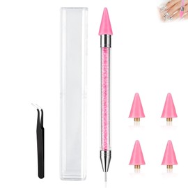 1 Stück Strass Picker Werkzeug Set, Dotting Tool AcrylStifte, Dotting Pen Nail Art Tools,Dekoration Werkzeug für DIY Nagel Design, Mit Diamantwachs-OPP und Pinzette, 4 Wachsspitzen(Rosa)