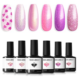 Modelones Gel Nail Polish Set 6 Colors Pink Gel Polish Glitter Hot Pink Purple Shades Mermaid Pink Love-heart Glitter Gel Polish Shimmer Soak Off LED Spring Valentines Nail Art DIY Gift For Women Girl
