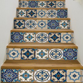 AILEGOU 3D Stair Stickers Decals Brick Staircase Decals Removable Tile Stair Risers Decals Decor Peel and Stick Stairs Bakeplash Decals for Stair 39.3Inch x 7.08Inch x 6Pcs(Blue Tile)
