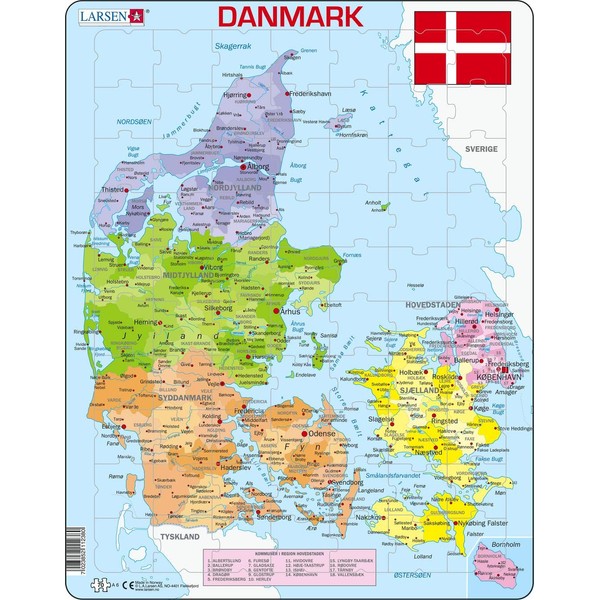 Larsen A6 Denmark Political Map, Danish Edition, 70 Piece Boxless Tray & Frame Jigsaw Puzzle