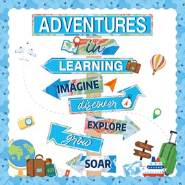 ojustbeok Travel The Map Bulletin Board Let The Adventure Begin Cutouts Classroom Decorations Travel Theme Motivational Sign for Kids Let's Explore Voyage Bulletin Cutouts Blue Classroom Decor