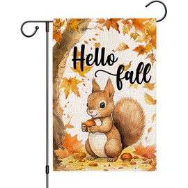 zeevly Hello Fall Squirrel Garden Flag 12x18 Inch Double Sided for Outside, Thanksgiving Autumn Maple Tree Seasonal Small Yard Outdoor Flag