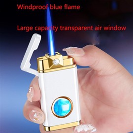 Adjustable Flame Refillable Butane Lighter Lighter, Torch Lighter, Windproof Blue Flame Lighter, Portable Metal Lighter with Visible Fuel Tank(C)