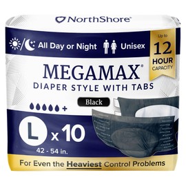 NorthShore MegaMax Adult Overnight Diapers, 12-Hour Tab-Style, Large, 10 Count Bag, Black, 42-54 inches, Unisex Incontinence Underwear