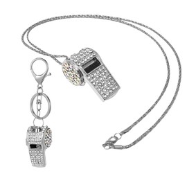 TOEECY Whistle 2 Piece Whistle with Key Ring and Necklace Set Referee Whistle Metal Whistle Rhinestone Whistle Loud Emergency Accessories for Referee Trainer Teacher (Silver)