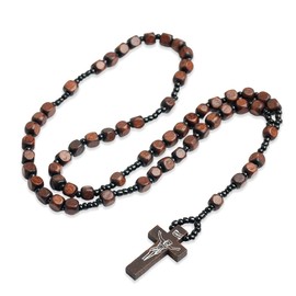Cross Rosary Necklace, Catholic Necklace with Wooden Rosary, Natural Wood Prayer Chain Necklace, for Catholic Christians, Religious Communion, Baptism, Fair, Bible