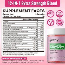 Yutiny Methylated Multivitamin for Women Gummies, Active B Complex Chewables with Vitamin D3 Zinc Choline TMG for Energy & Nervous System, Vegan, Sugar Free, 60 Count
