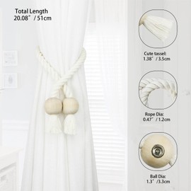 Nieffeiy 2 Pack Magnetic Curtain Tiebacks Cotton Hand Woven Tie Back Decorative Rope Holdbacks for Curtains Draperies No Tools Required, Cream