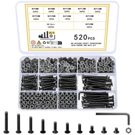 Ewwtrey 520 Pcs M4 Screws Set, Countersunk Head Hex Socket Head Cap Screws Bolts and Nuts Set, M4 Bolts and Nuts Assortment, Hexagonal Flat Head Machine Screws Bolts and Nuts, with Wrench