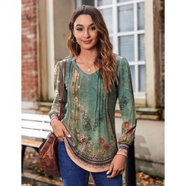 Zeagoo Women's Puff Long Sleeve Boho Shirts Casual V Neck Floral Soild Flowy Tops Pleated Loose Tunic Blouse