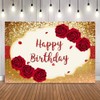 7x5ft Gold Glitter Happy Birthday Backdrop Red Rose Flowers Background