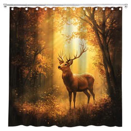 Autumn Forest Deer Shower Curtain Fall Misty Forest Golden Sunlight Orange Maple Leaves Watercolor Nature Wildlife Sunset Scenery Bath Curtain Fabric Bathroom Accessories Decor with Hooks 70W x70L