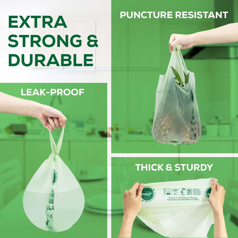 ANECO 100% Compostable Food Waste Bags 1.6 Gallon With Handles