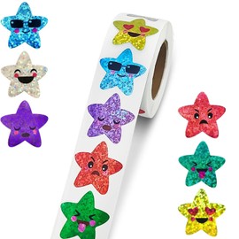 500 Pcs Glitter Star Stickers Roll – Smiling Face Star Stickers for Kids, Teachers, Reward Charts – Gold Shiny Smile Stickers for Motivation, Scrapbooking, Classroom Supplies, Party Favor & Crafts