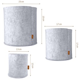 Miqio® Design Premium Felt Basket Round - Plant Basket Set of 3 - Flower Planter Felt - Ökotex Certified - Foldable Felt Flower Pot for Kitchen, Living Room, Hallway or Bathroom - Light Grey