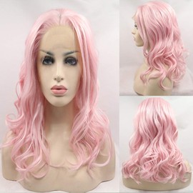 Xiweiya Light Peach Pink 16" Body Wave Curly Synthetic Lace Front Wig Heat Resistant Replacement Princess Color for Women Girl Cosplay Makeup Party